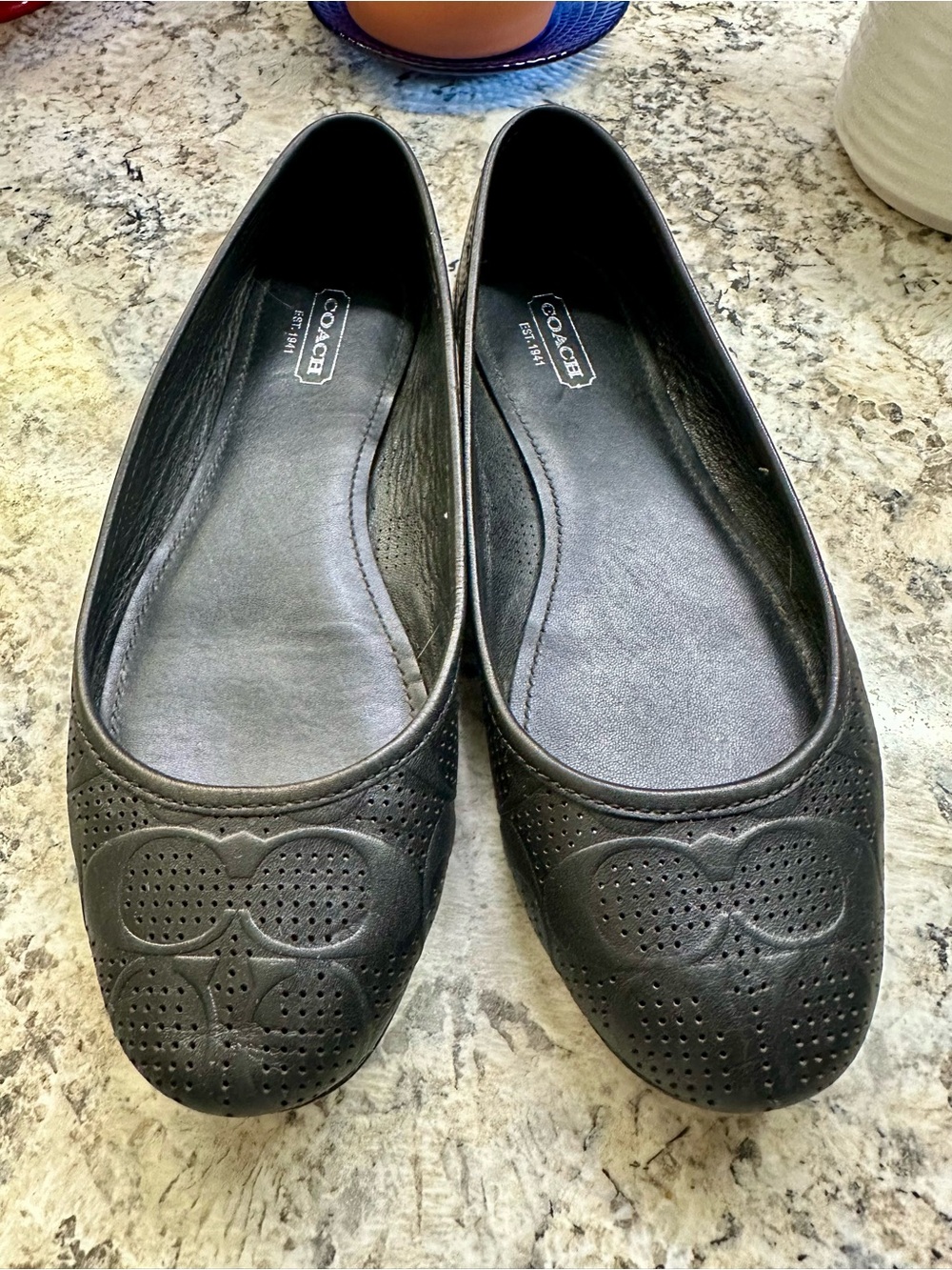 Sz 7.5 B Coach Black Perforated Leather Ballet Flats